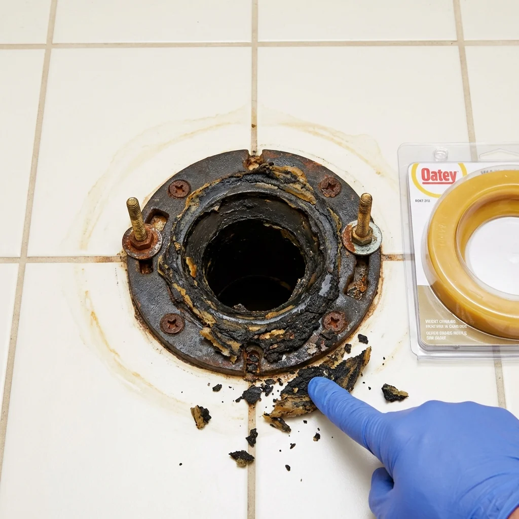 Failed wax ring showing water seepage at the base of a toilet in a Oxford, PA home