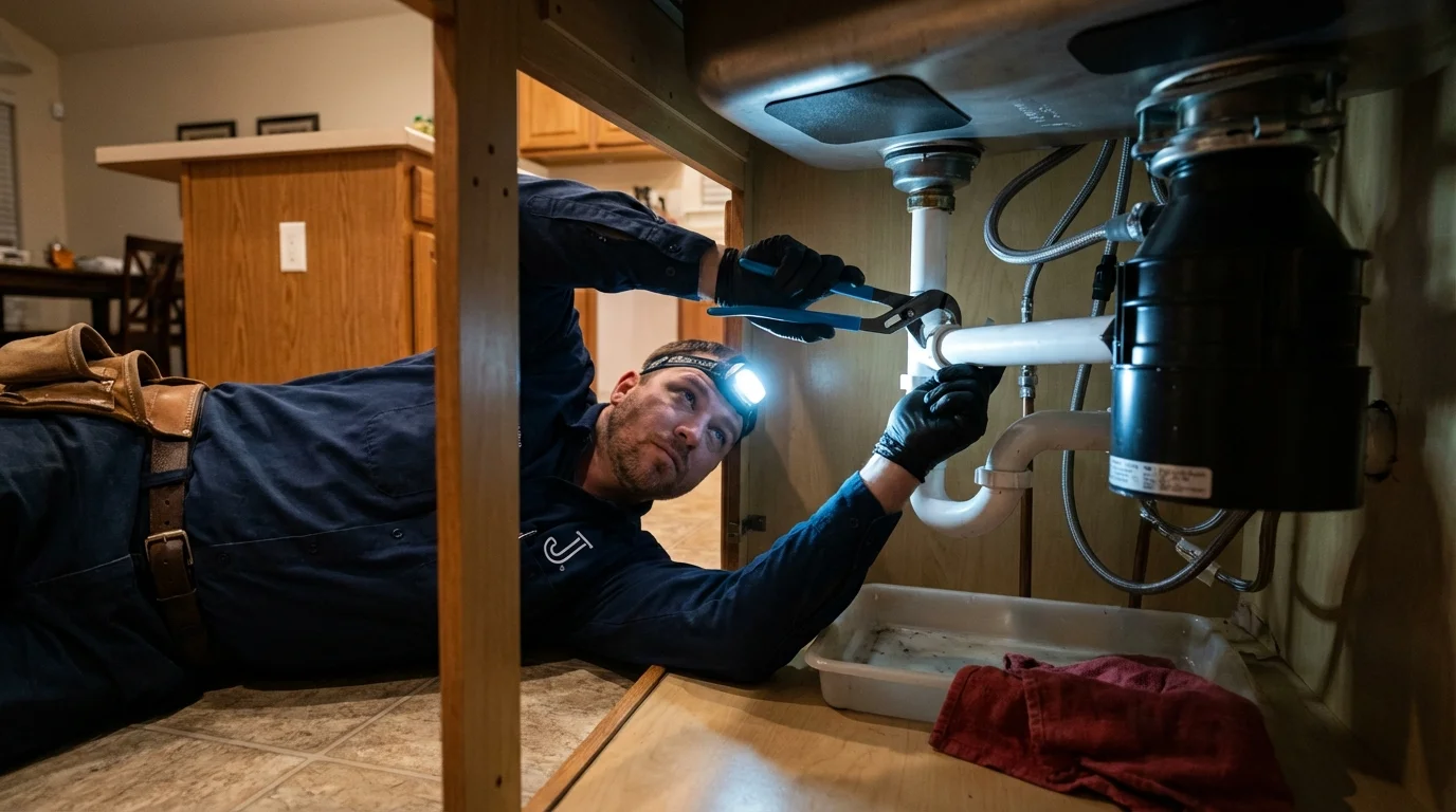 P-trap and supply line connections under a kitchen sink showing a common leak point in Oxford, PA
